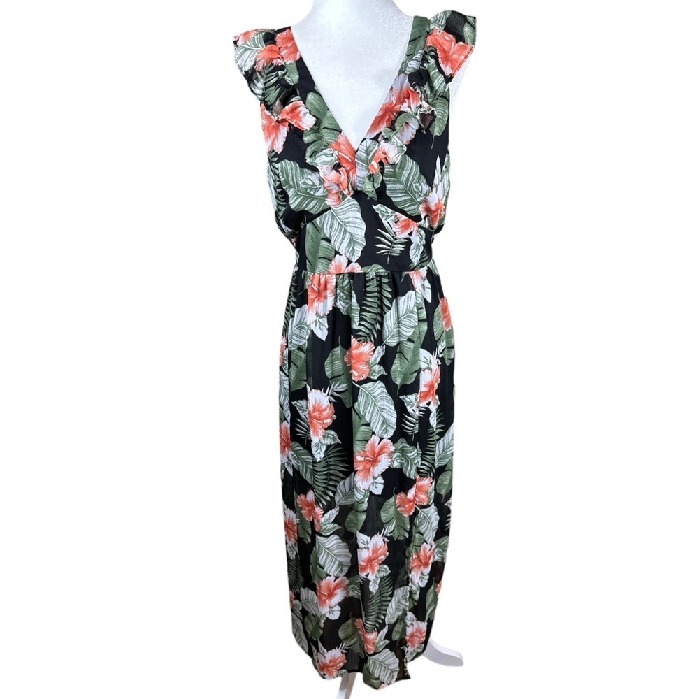 Ophelia Roe Black Chiffon Floral V Neck Midi Spring Dress Women's Size small